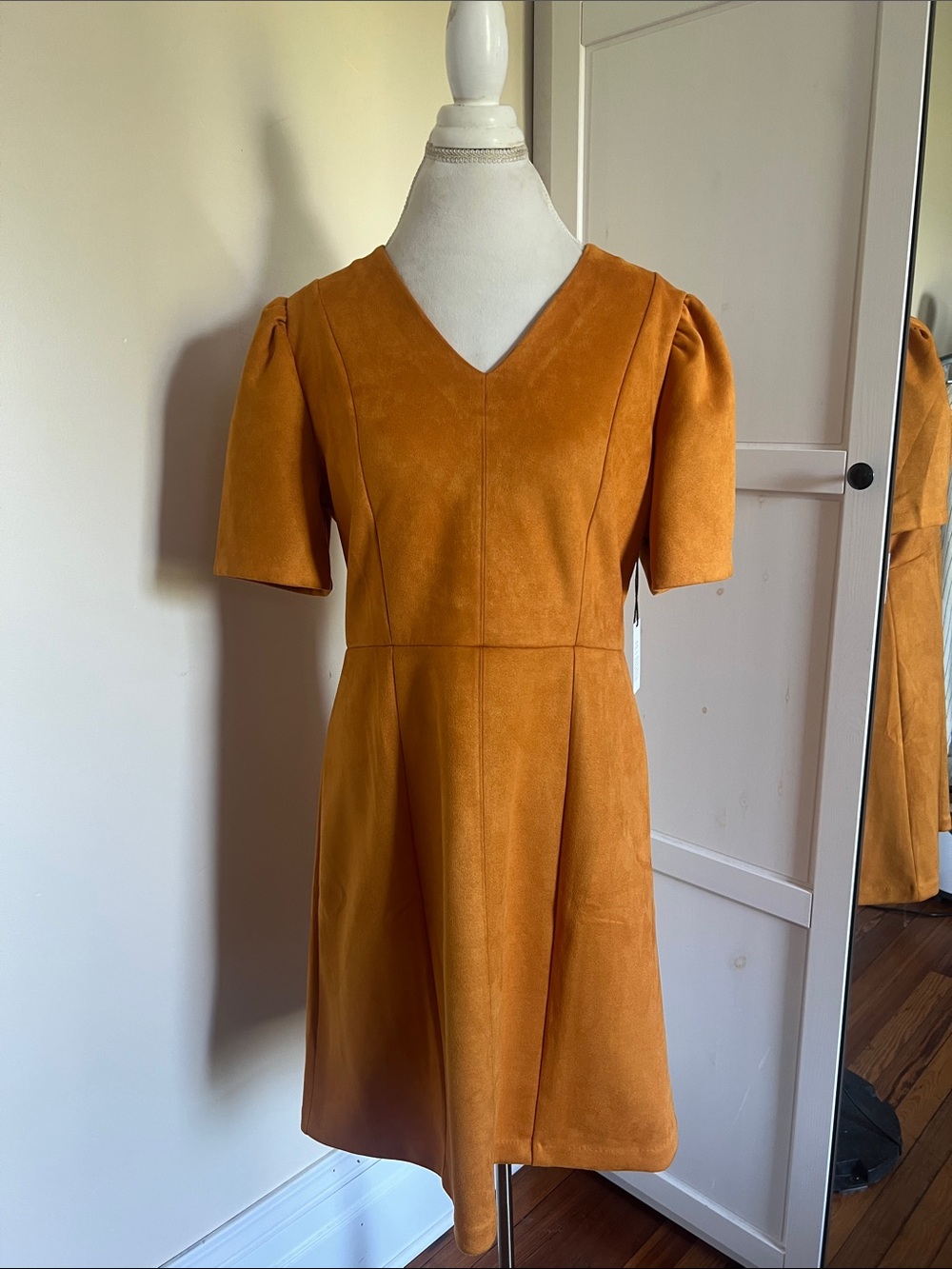 NWT Ann Taylor Factory Faux Suede Puff Sleeve Dress Mustard Yellow Gold Size 12